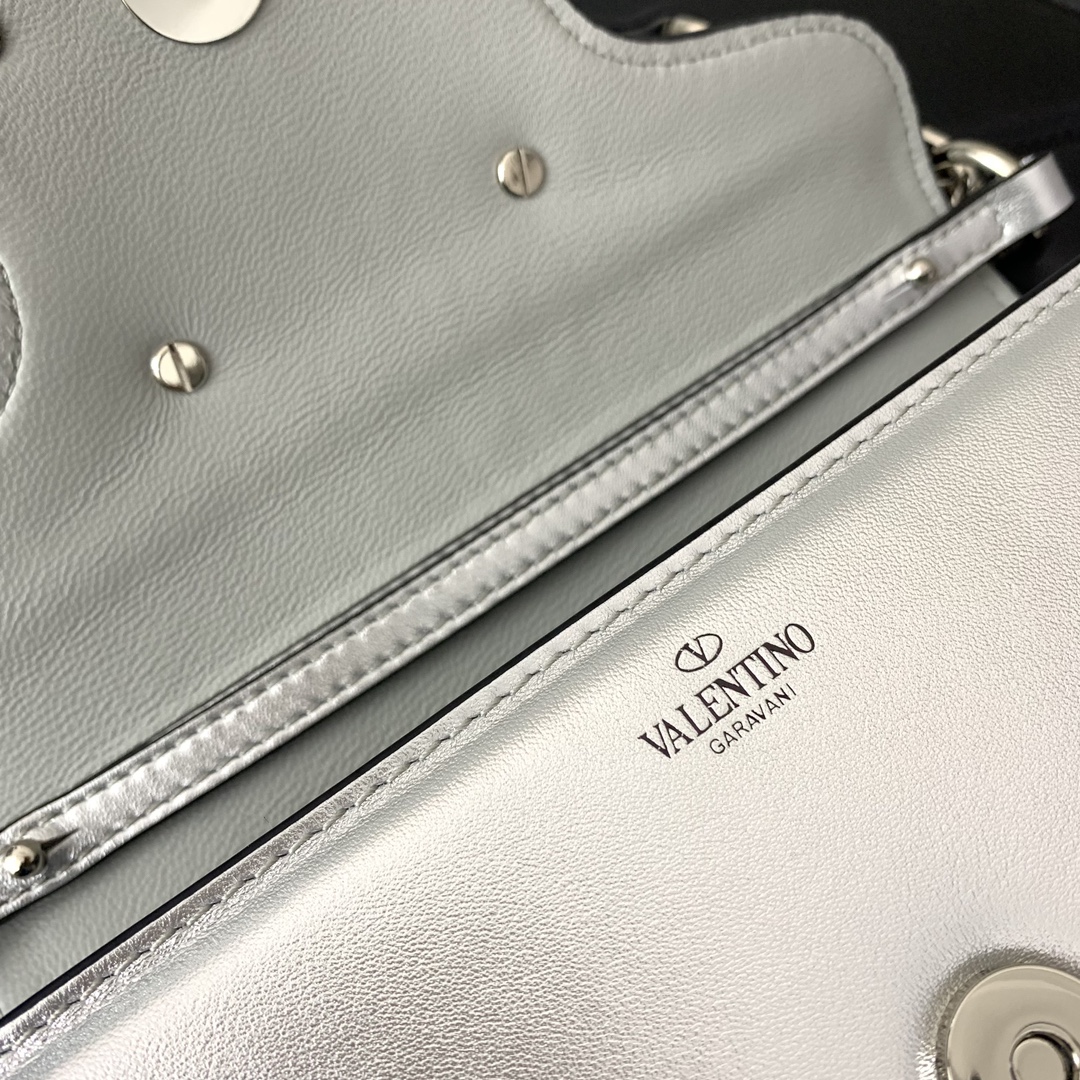 Valentino Garavani Loco Small Shoulder Bag in Silver Calfskin Leather 